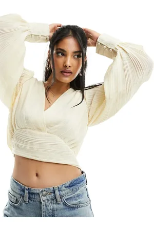 Pimkie Cropped pleat detail wrap front top in cream