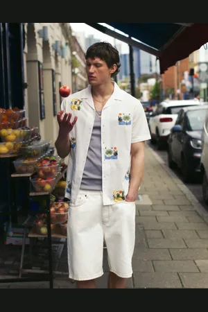 Topman Short sleeve square embroidered shirt in ecru
