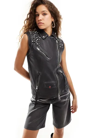 AllSaints Billie embellished leather biker gilet in washed