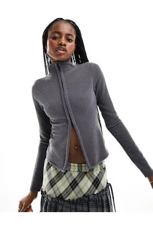 COLLUSION Washed rib eyelet funnel neck long sleeve top in