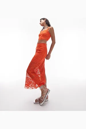 Topshop Co-ord premium lace detail midi skirt in orange