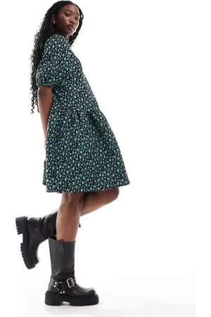 Glamorous Drop waist mini smock dress in blue floral jaquard