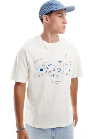 JACK & JONES Oversized t-shirt with wine & cheese society print in beige