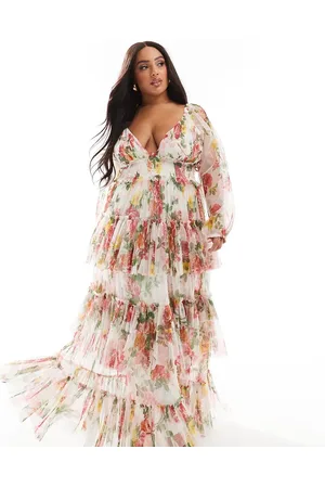 Lace & Beads Sheer sleeve tiered tulle maxi dress in bright floral