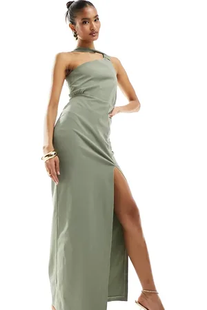 Vesper Exclusive one shoulder neck detail thigh split maxi dress in olive