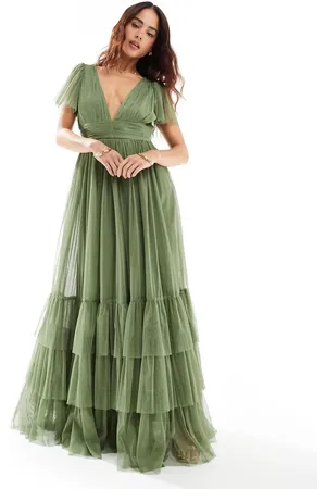Lace & Beads Bridesmaid Madison v neck tulle maxi dress in soft olive
