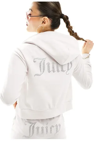 Juicy Couture Diamante logo velour zip through hoodie co-ord in cream