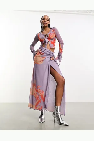 Heretic Nine Maxi wrap mesh skirt in abstract print co-ord