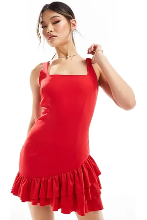 Kaiia Sleeveless square neck ruffle hem mini dress in