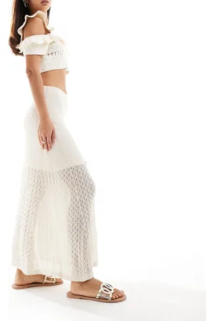 SELECTED Femme knitted crochet maxi skirt in beige