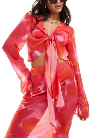 Style Cheat Wrap front beach top in pink marble co-ord