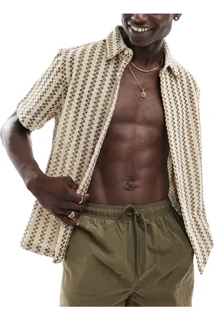 Bershka Detail stripe textured shirt in khaki