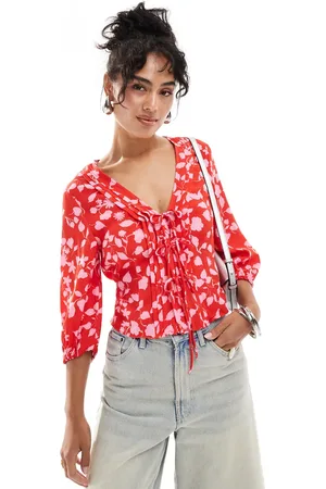 MANGO Tie front floral top in red and
