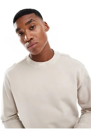 HUGO BOSS Overdyed crew sweatshirt in beige with collar embroidery