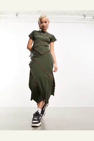 COLLUSION Exposed seam wrap midi skirt in khaki