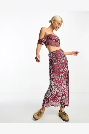 Sisters of the Tribe Velvet devore maxi split skirt co-ord in rose and silver