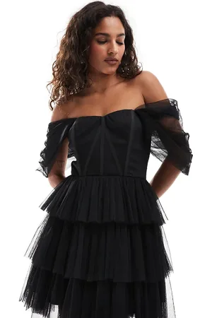 Lace & Beads Off shoulder corset tulle mini dress in black