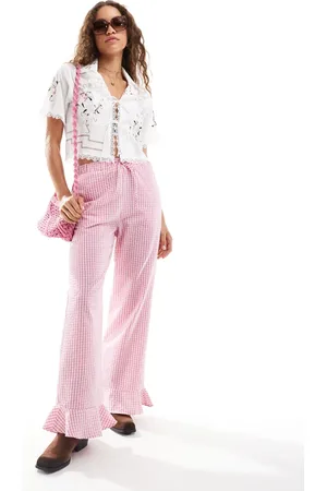 Reclaimed Pull on trouser with frill bottom in gingham