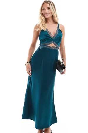 Never Fully Dressed Petite satin lace midaxi dress in teal