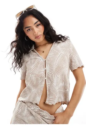 Object Textured button front polo top with lettuce edge co-ord in neutral palm print