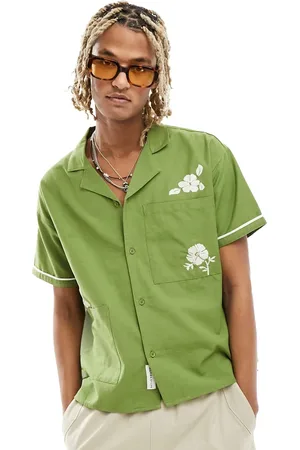 Native Youth Linen revere collar short sleeve embroidered shirt in khaki