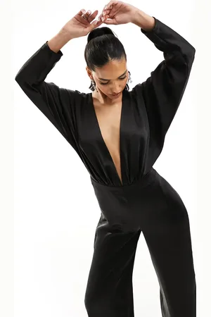 True Violet Satin plunge jumpsuit in