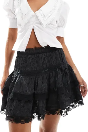 Miss Selfridge Satin jacquard lace insert mini prairie skirt in