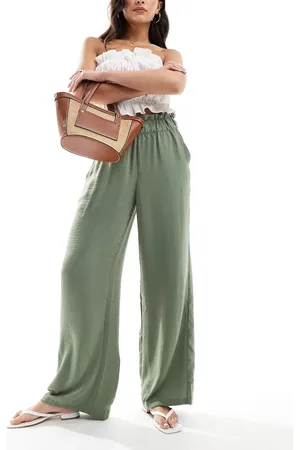 JDY Paperbag waist wide leg linen trousers in khaki