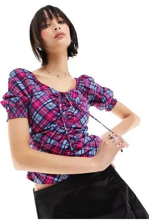 Glamorous Ruched front puff sleeve blouse in check