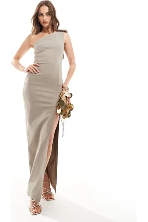 Vesper One shoulder bow detail side spilt maxi dress in stone