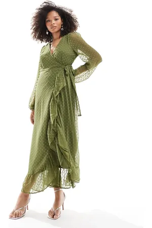 VILA Bridesmaid dobby wrap maxi dress with frill detail in olive