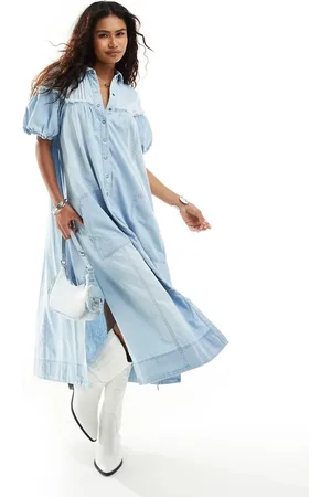 Free People Button front puff sleeve midi dress in denim