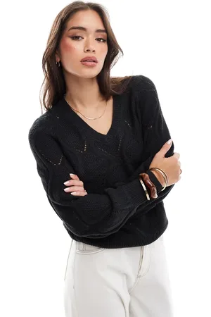 VILA Crochet detail v neck knitted jumper in