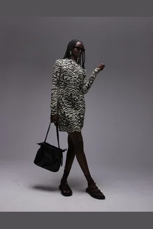 Topshop Long sleeve crinkle print mini dress in animal