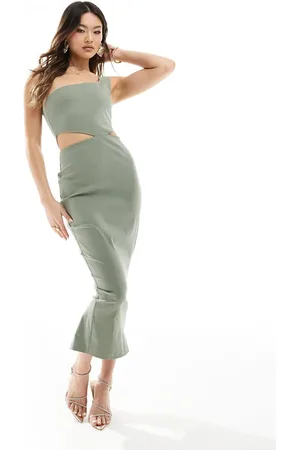 Vesper One shoulder cut out waist detail midi dress in olive