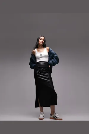 Topshop Leather look clean bias maxi skirt in