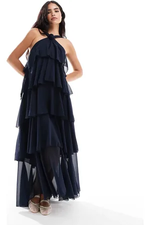 VERO MODA Halterneck tiered maxi dress with corsage detail in blue
