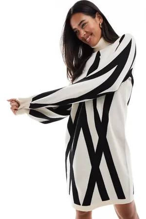 Object Knitted jumper dress with high neck in cream mono print