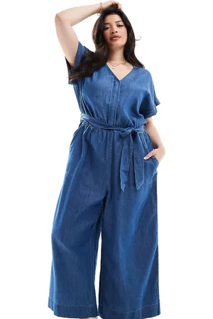 ONLY Short sleeve denim jumpsuit in mid wash