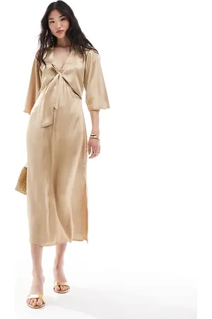 Pretty Lavish Tie front satin midaxi dress in Irish cream