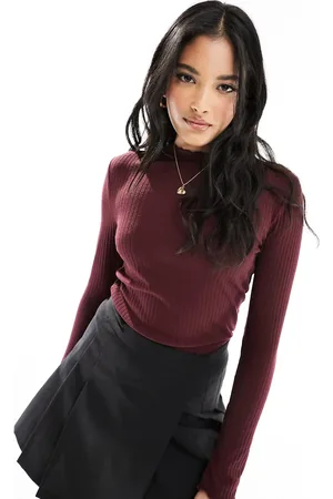 ONLY Lettuce edge high neck ribbed top in burgundy