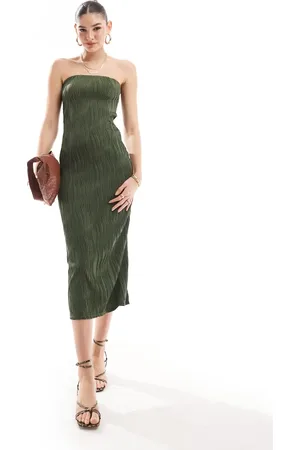 New Look Ripple bandeau midi dress in khaki