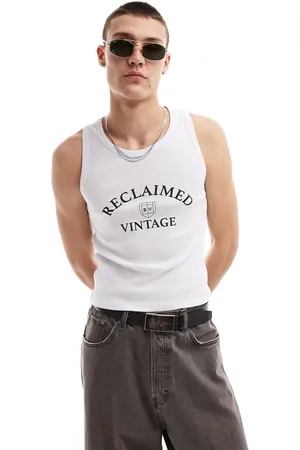 Reclaimed Ribbed vest with logo print in white