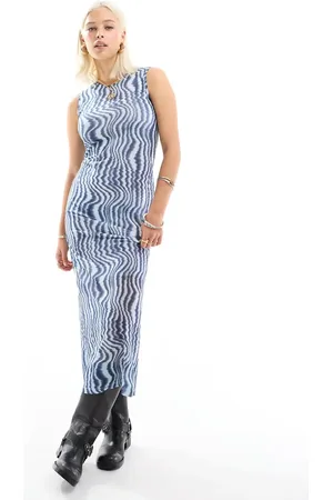 Monki Sleeveless mesh midi dress in dizzy stripes print