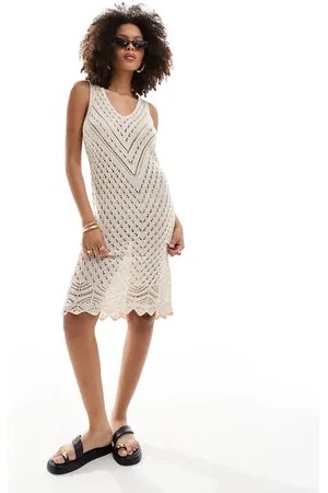 JDY V neck crochet midi dress in cream