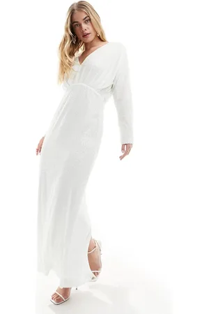 VILA Bridal sequin draped shoulder maxi dress in