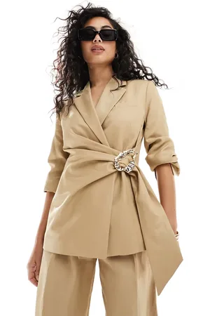 & OTHER STORIES Co-ord linen blend blazer with front buckle detail in beige