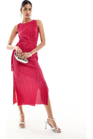 New Look Plisse slash neck midi dress in bight