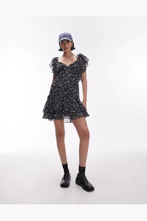 Topshop Flutter sleeve mini tea dress in vintage blue floral print