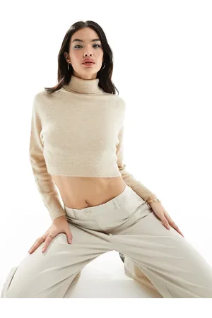 MANGO Cropped high neck jumper in oatmeal